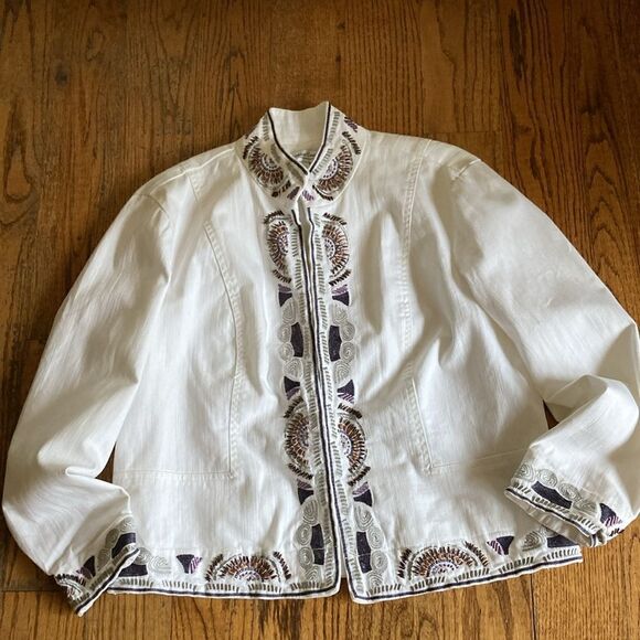 Embellished & Embroidered Coldwater Creek White Denim Open Front Jacket Size PL - Picture 10 of 12